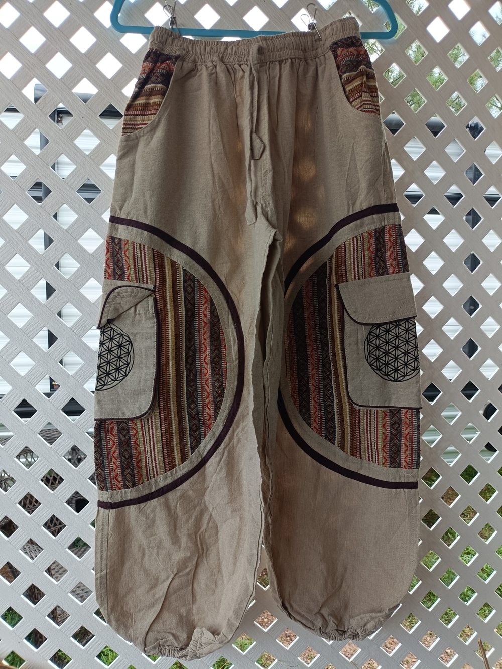 Bohemian Beige Men’s Cargo Pants with Patterned Panels